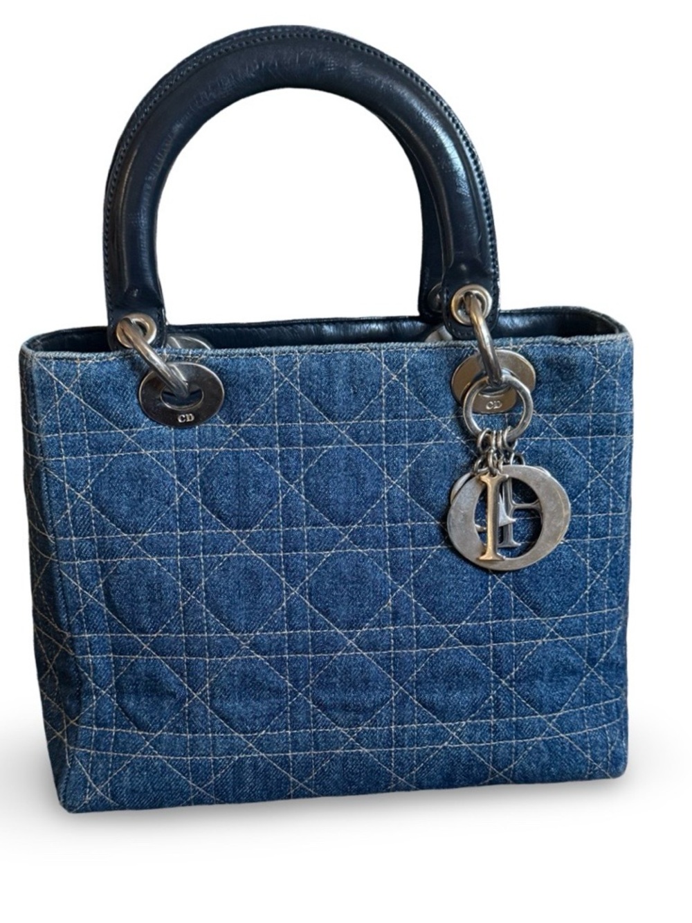Christian Dior Lady Dior Denim Cannage Bag Blue Medium Top Handle Charm